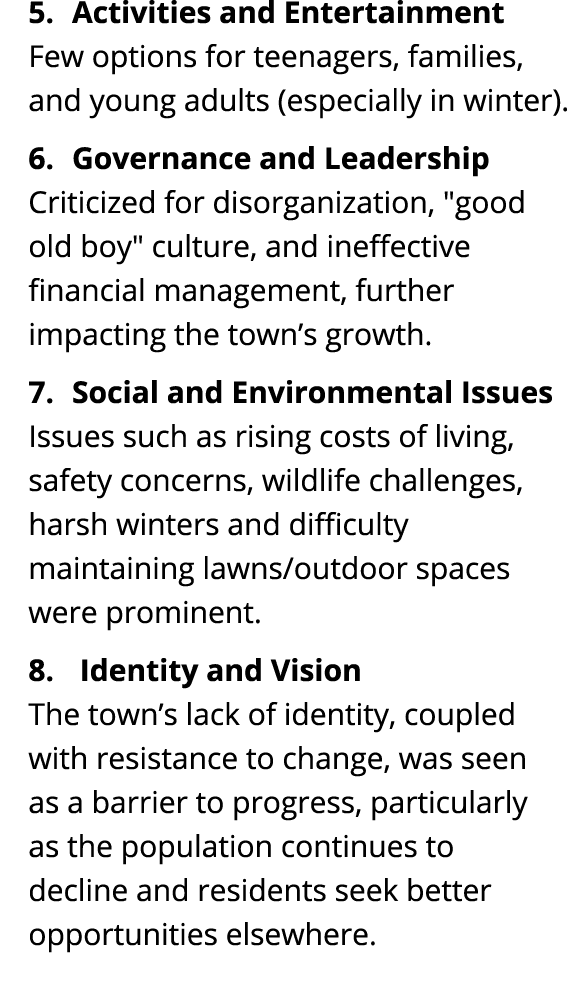 5. Activities and Entertainment Few options for teenagers, families, and young adults (especially in winter). 6. Gove...