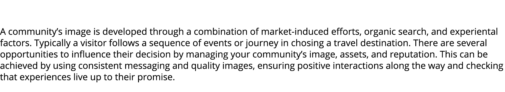 A community’s image is developed through a combination of market induced efforts, organic search, and experiental fa...