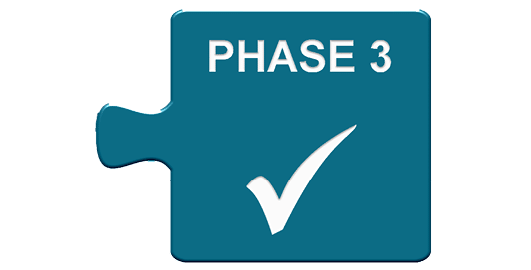 Phase 1, Phase 2, Phase 3 - Puzzle Button aus 3 Teilen in blau