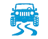 A blue Jeep is shown driving on a road with a blue line. AI generated content