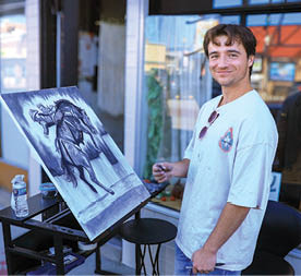 A man is painting a picture of a nude figure on a table. AI generated content