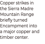 Copper strikes in the Sierra Madre Mountain Range briefly turned Encampment into a major copper and timber center.